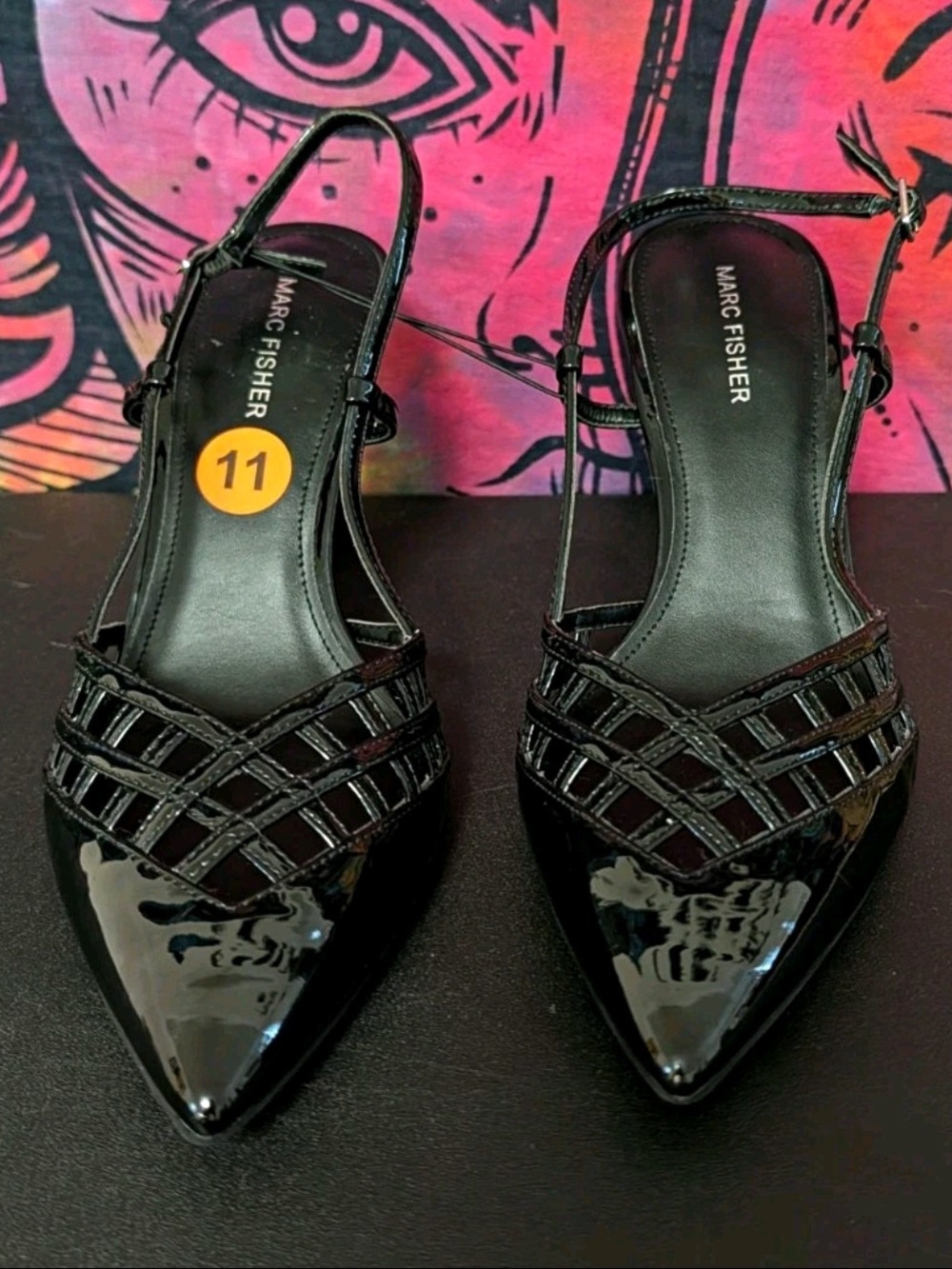 Marc Fisher Black Patent Pointed Slingback Heels with Woven Straps, 11M